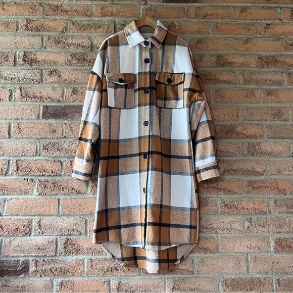 CI SONO | Brown, tan & white lightweight summer long plaid shacket jacket coat - Picture 3 of 15